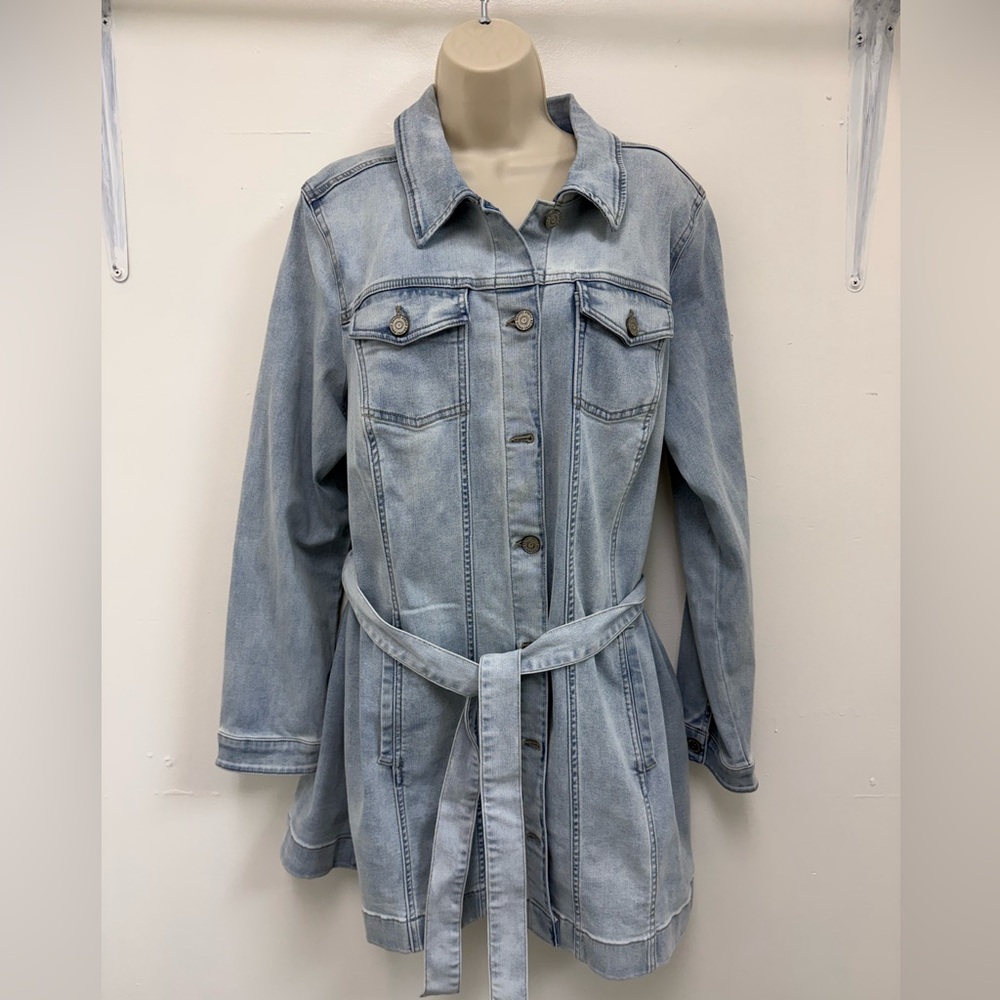 Susan Graver High Stretch Denim Long Jean Jacket Bleached Denim Medium Petite